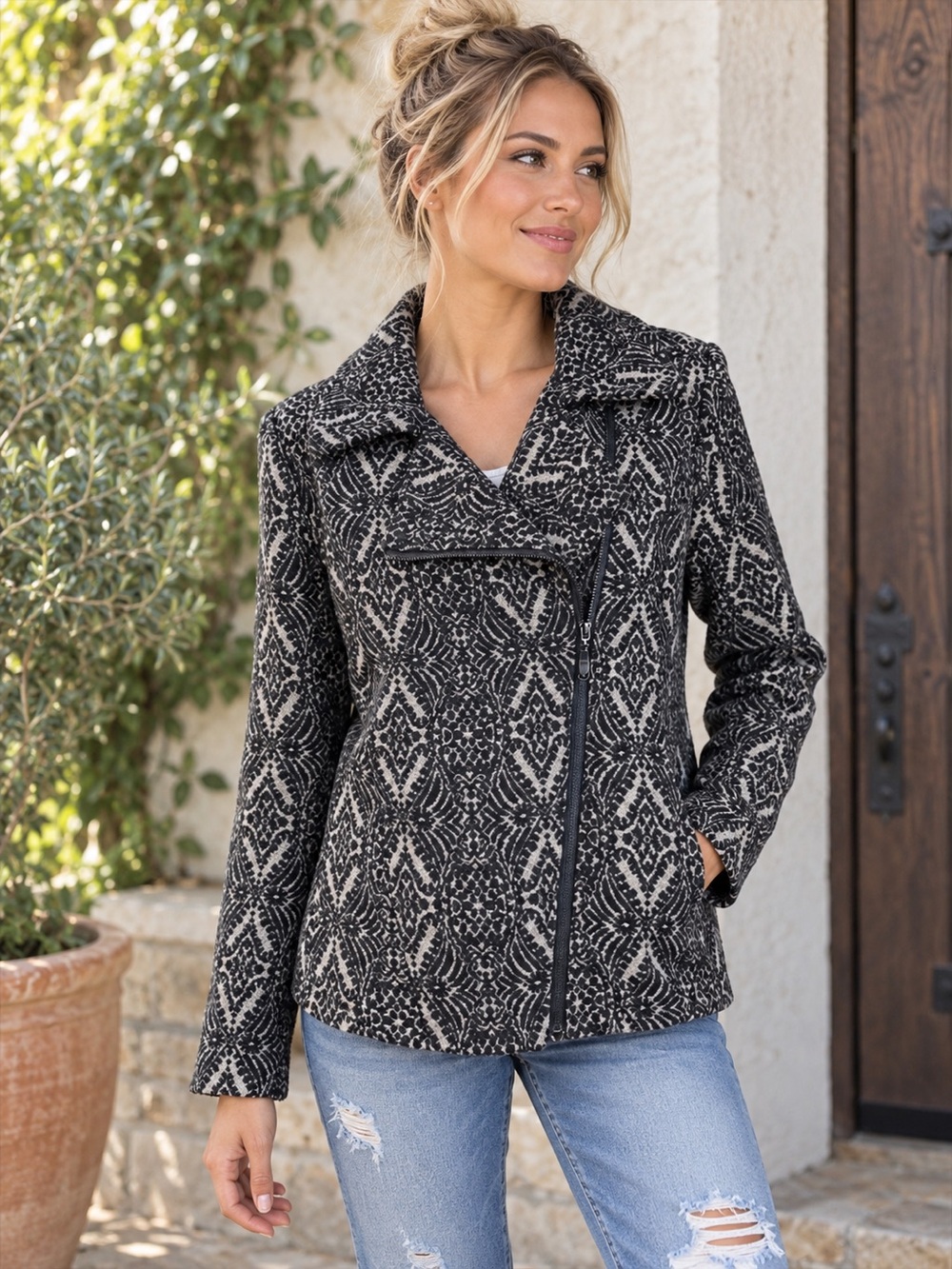 Roz & Ali XL Black Ivory Jacquard Moto Jacket Asymmetrical Zip Textured Blazer